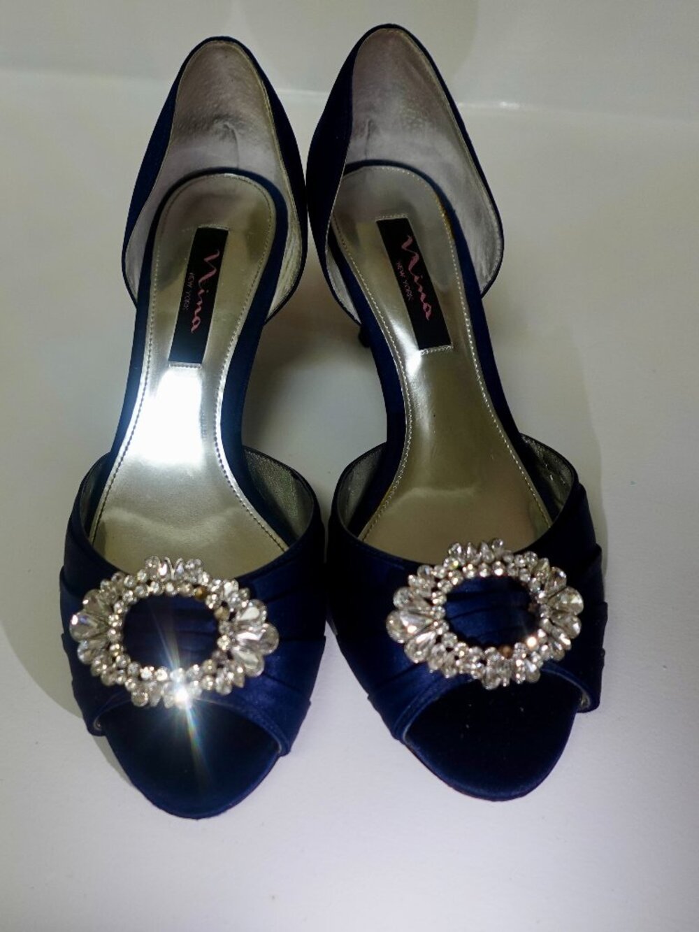 Nina New York Navy Blue Satin evening kitten heel peep-toe crystal ornament